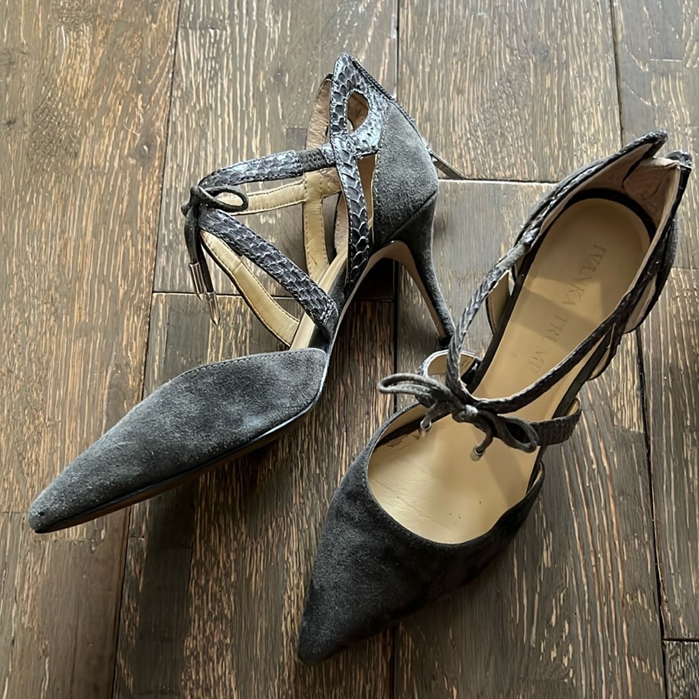 Ivanka Trump Grey Suede Heels. Zipper Back. Size 5.